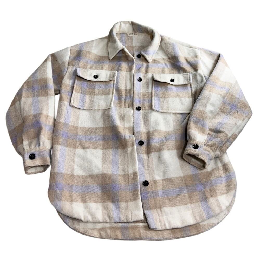 Vestique Plaid Shacket Sz M Thick Button Front Pocket Jacket Cream Tan Oversized - Picture 3 of 7
